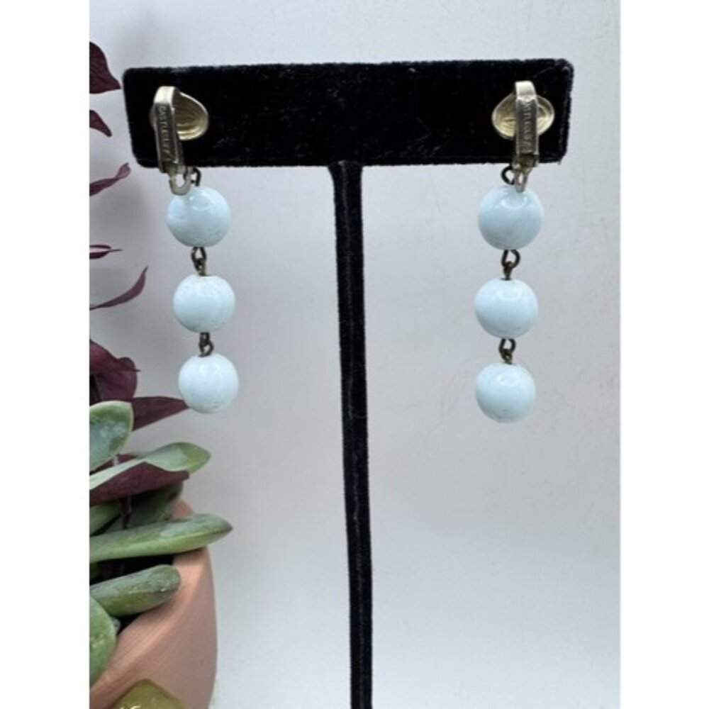 Vintage Castle Cliff Glass Blue Bead Dangle Earrings Clip On Signed Castlecliff